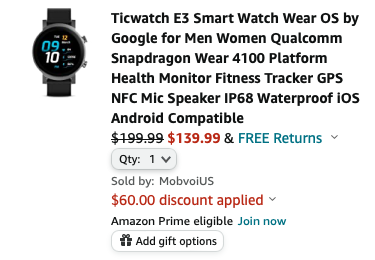 Mobvoi TicWatch E3 с чипом Snapdragon Wear 4100, Wear OS и NFC доступны на Amazon со скидкой 60 долларов