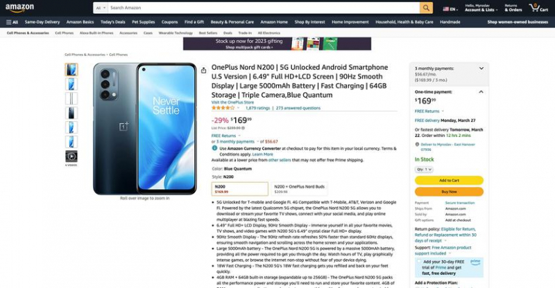 OnePlus Nord N200 с дисплеем 90 Гц, Snapdragon 480 и 5G продается на Amazon за 70 долларов