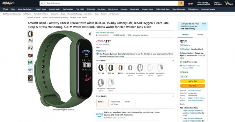 Amazfit Band 5 с датчиком SpO2, поддержкой Alexa и автономностью до 15 дней продается на Amazon за 31,99 доллара (скидка 8 долларов)