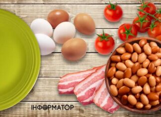 Английский завтрак: яичница, колбаски, бекон и фасоль