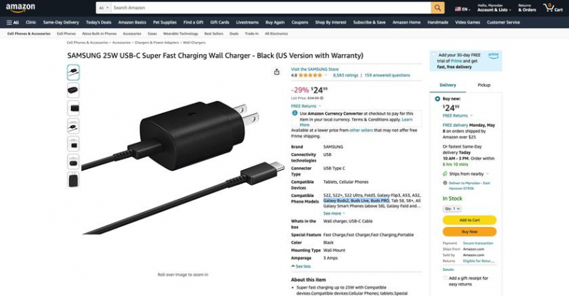 зарядное устройство Samsung USB-C мощностью 25 Вт на Amazon продается со скидкой 29