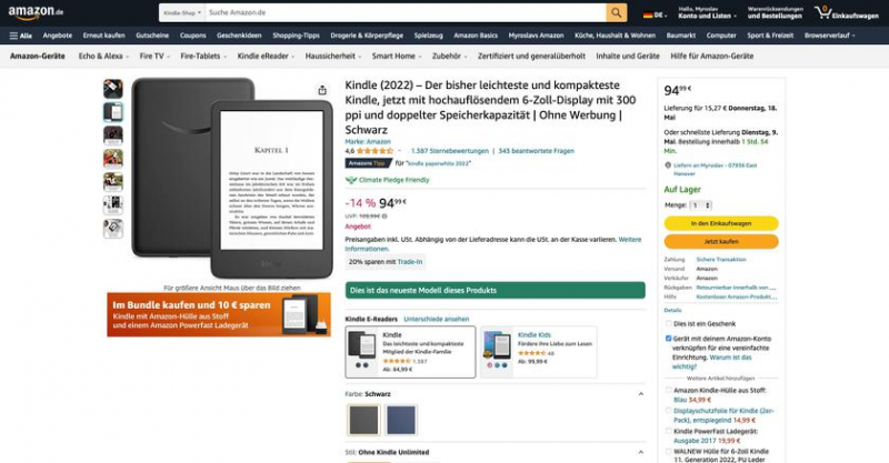 Amazon Kindle (2022 г.) с 16 ГБ дискового пространства и до 6 недель автономной работы со скидкой 14