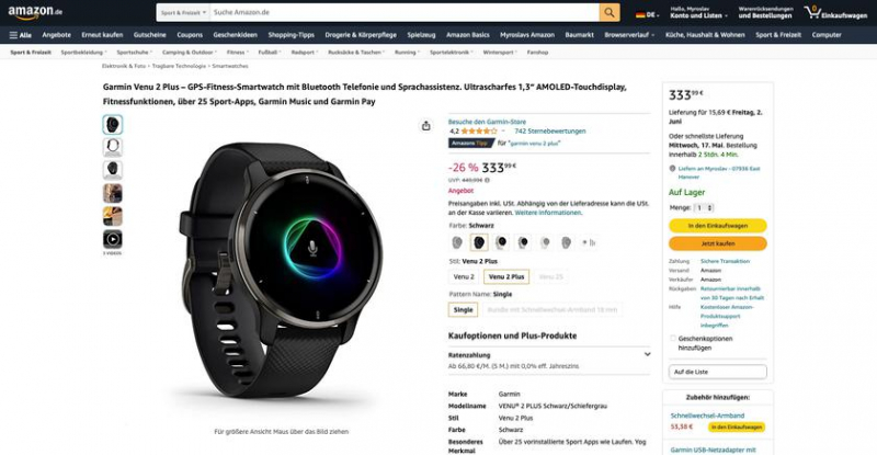 Garmin Venu 2 Plus на Amazon: мультиспортивные часы со скидкой до 116 евро