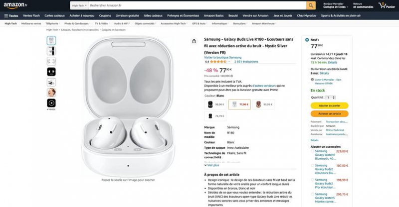 Samsung Galaxy Buds Live на Amazon: наушники TWS с ANC, защитой IPX2 и уникальным дизайном за 76 евро