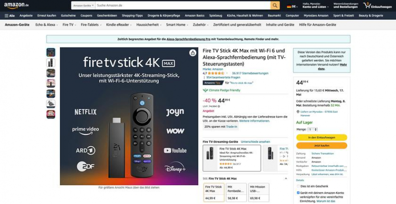 скидка 30 евро: Fire TV Stick 4K Max с Wi-Fi 6, HDR и Dolby Vision продается на Amazon за 44,99 евро