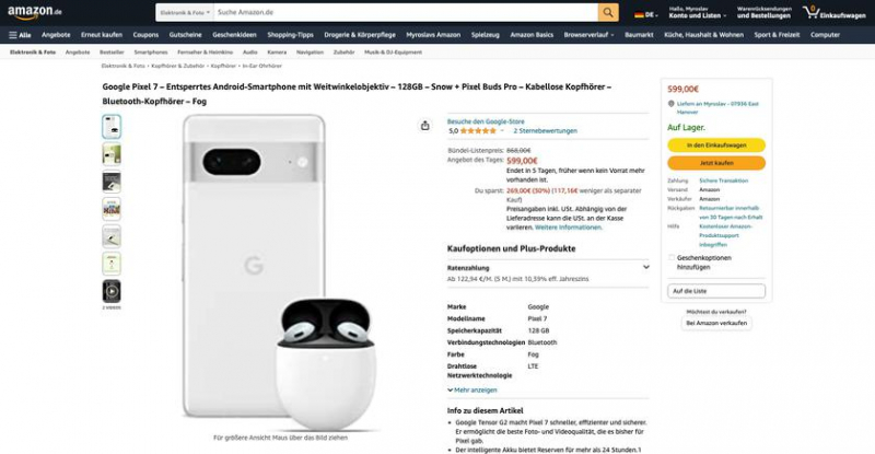 Вместе дешевле: флагманский смартфон Pixel 7 и наушники Pixel Buds Pro TWS продаются на Amazon со скидкой 269 евро