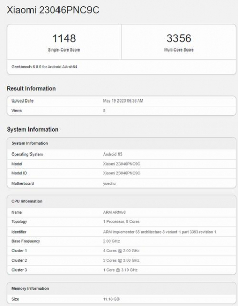 Xiaomi CIVI 3 с чипом Dimensity 8200 ULTRA протестирован в Geekbench