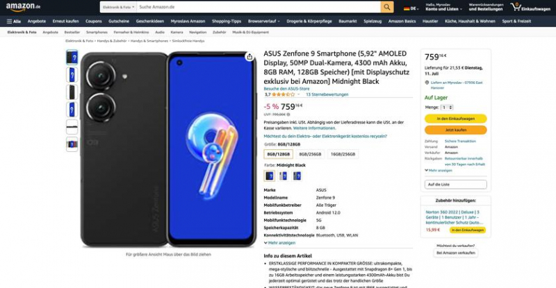 ASUS Zenfone 9 с Snapdragon 8+ Gen 1, защитой IP68, экраном AMOLED с частотой 120 Гц продается на Amazon за 40 евро