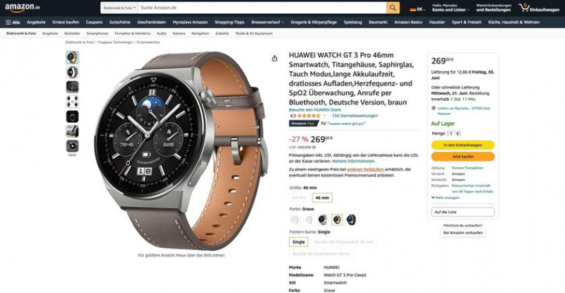 Huawei Watch GT 3 Pro с AMOLED-экраном, кожаным ремешком и датчиком SpO2 продаются на Amazon со скидкой 100 евро