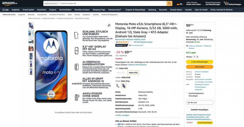 Moto E32S на Amazon: экран с частотой 90 Гц, чип MediaTek Helio G37 и аккумулятор на 5000 мАч за 99 евро (скидка 40 евро)