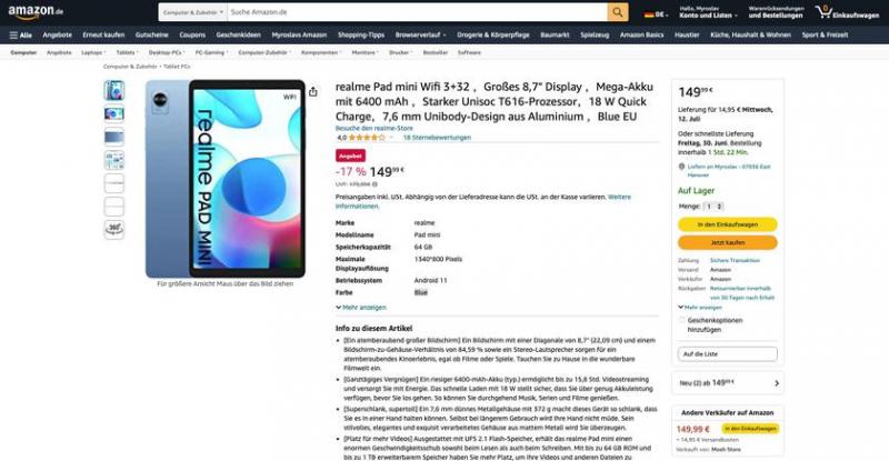 realme Pad Mini на Amazon: планшет с экраном 8,7