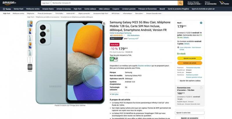 Samsung Galaxy M23 5G с 6,6-дюймовым процессором Snapdragon 750G и 50-мегапиксельной камерой продается на Amazon за 179 евро (скидка 20 евро)