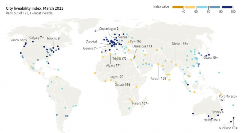 The Economist Самые комфортные города мира для жизни в 2023 году: Вена снова на первом месте, Киев — на 166 месте