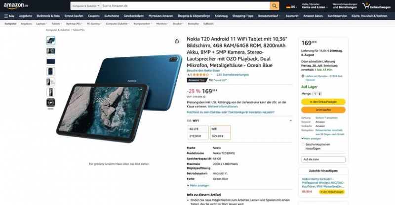 Nokia T20 с экраном 2K, аккумулятором на 8200 мАч и чипом Unisoc Tiger T610 продается на Amazon за 169 евро (скидка 70 евро)