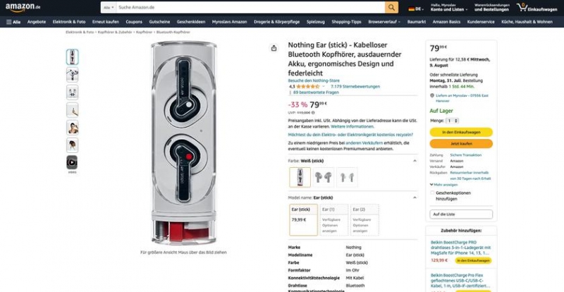 Nothing Ear (палка) на Amazon: наушники TWS с прозрачным дизайном, защитой IP54 и автономностью до 29 часов за 79 евро (скидка 39 евро)