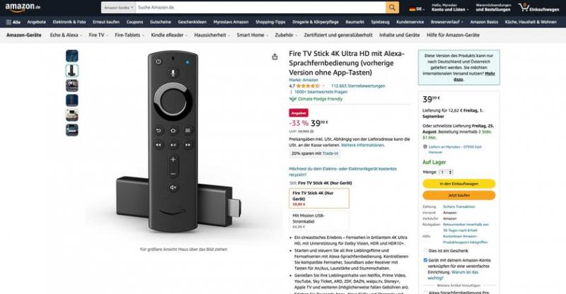Fire TV Stick 4K с Wi-Fi 6, HDR и Dolby Vision продается на Amazon за 39,99 евро (скидка 20 евро)