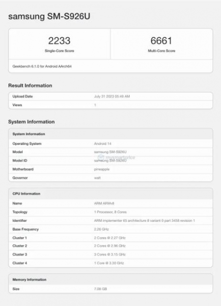 Samsung Galaxy S24+ с Snapdragon 8 Gen 3 и Android 14 проходит тест производительности Geekbench 6