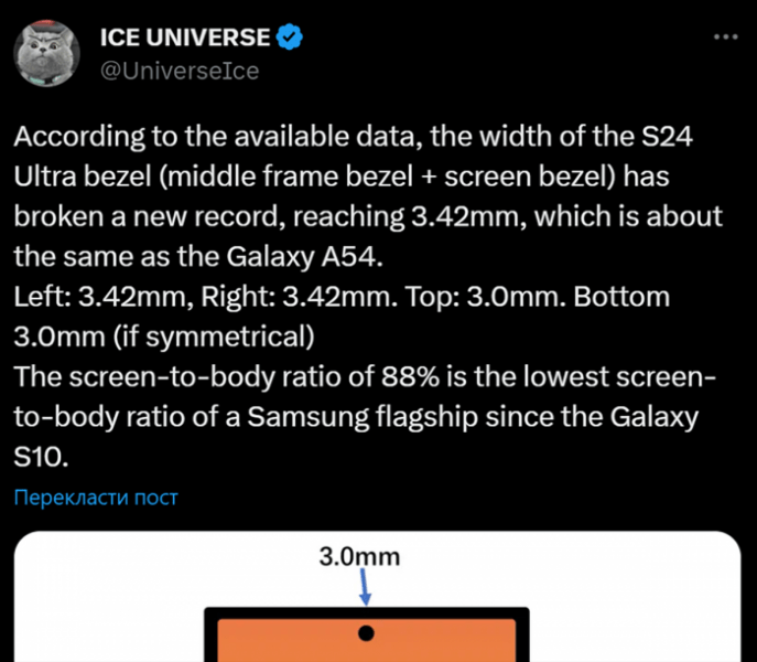 Samsung Galaxy S24 Ultra будет иметь самые толстые рамки с 2019 года — мы тоже в этом сомневаемся, но там написано Ice Universe