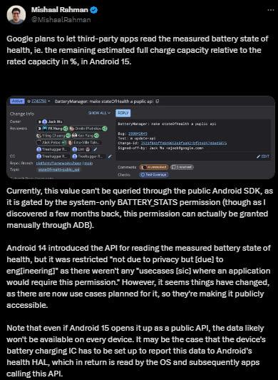 Android 15 может разрешить приложениям считывать данные о состоянии батареи