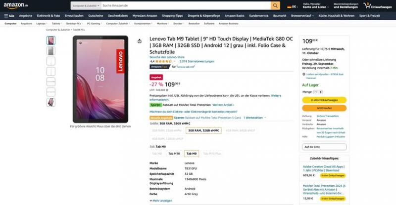 Lenovo снизила цену на Tab M9: планшет с 9-дюймовым экраном и чипом Helio G80 за 109 евро (скидка 40 евро)