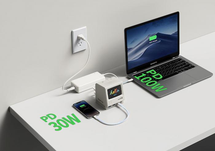 Многофункциональная док-станция RayCue 128K USB-C, выполненная в виде миниатюрного Apple Macintosh с настоящим экраном