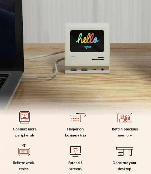 Многофункциональная док-станция RayCue 128K USB-C, выполненная в виде миниатюрного Apple Macintosh с настоящим экраном