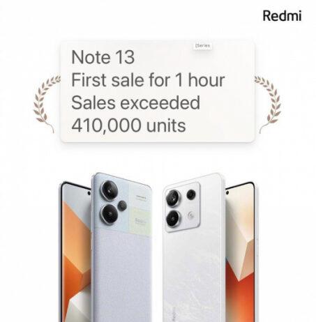 Продажи серии Redmi Note 13 превысили 410 000 смартфонов всего через 1 час после старта в Китае.
