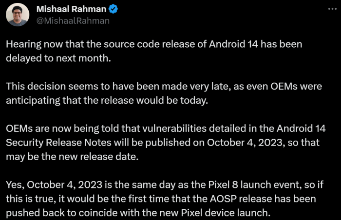 Выпуск Android 14 отложен до презентации Google Pixel 8 — производители ожидали выхода ОС еще вчера