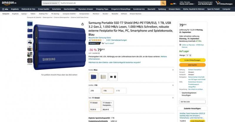 Samsung Portable T7 Shield на Amazon: твердотельный накопитель с защитой от воды и ударов со скидкой до 90,91 евро