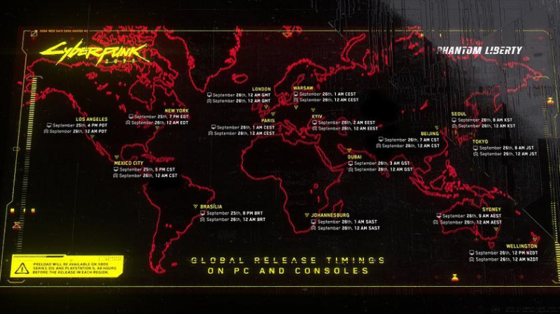 Теперь вы точно не захотите это пропустить! CD Projekt RED опубликовала наглядную карту, показывающую время выхода расширения Phantom Liberty для Cyberpunk 2077 в основных часовых поясах
