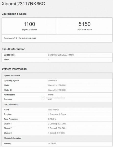 На Geekbench был замечен возможный смартфон Redmi K70 Pro с процессором Snapdragon 8 Gen 3