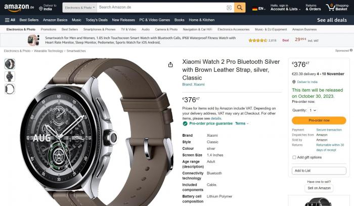 Xiaomi Watch 2 Pro уже можно заказать на Amazon в Германии — цена от 376 евро, релиз в октябре
