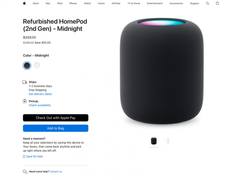 Apple начала продавать восстановленный HomePod 2023 в США со скидкой в ​​50 долларов