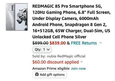 Игровой смартфон Red Magic 8S Pro с чипом Snapdragon 8 Gen 2, подэкранной камерой и аккумулятором емкостью 6000 мАч продается на Amazon со скидкой в ​​$130
