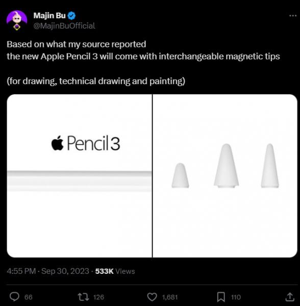 По слухам, скоро выйдет Apple Pencil 3, у которого будут сменные магнитные наконечники.
