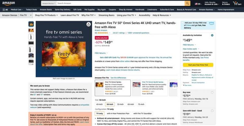 Сегодняшняя сделка: Amazon Fire TV Omni с 50-дюймовым дисплеем 4K и голосовым помощником Alexa доступен со скидкой 226 долларов
