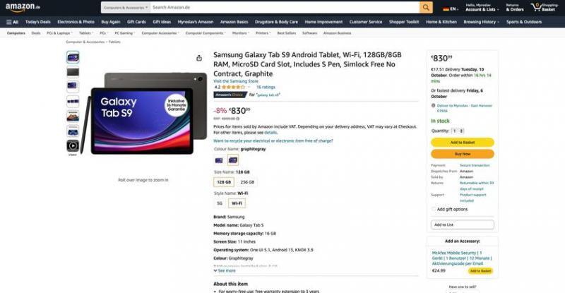 Samsung Galaxy Tab S9 доступен на Amazon со скидкой до 84 евро
