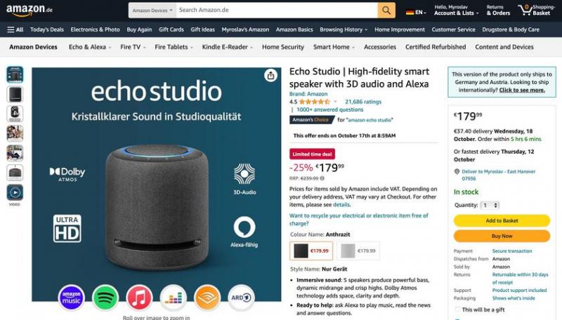 скидка 60 евро: Amazon Echo Studio с пространственным звуком продается за 179 евро