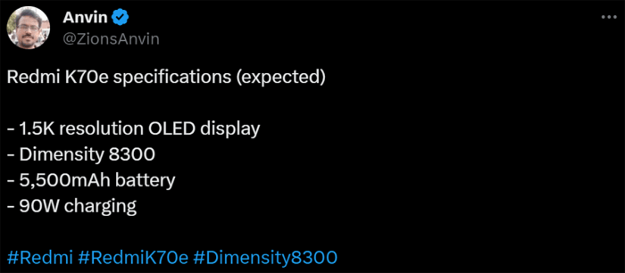Redmi K70e – первые подробности о характеристиках
