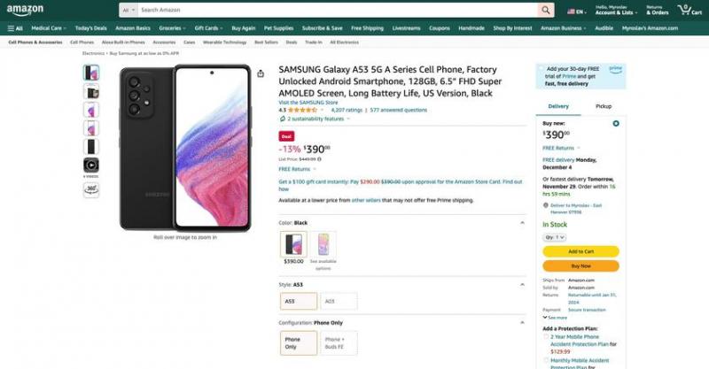 Samsung Galaxy A53 5G с экраном 120 Гц, чипом Exynos 1280 и защитой IP67 можно купить на Amazon со скидкой $59