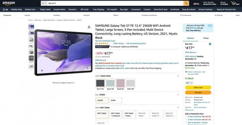 Samsung Galaxy Tab S7 FE с экраном 12,4 дюйма и чипом Snapdragon 750G можно купить на Amazon со скидкой до $262