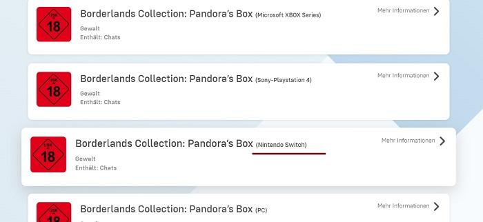 По информации немецкого рейтингового агентства, Borderlands Collection: Pandora's Box также может выйти на Nintendo Switch