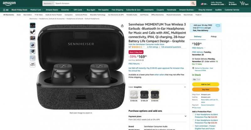 Sennheiser MOMENTUM True Wireless 3 на распродаже в Черную пятницу за 169 долларов (скидка 110 долларов)