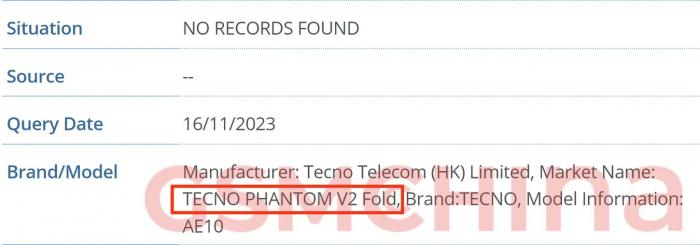 Складной смартфон Tecno Phantom V2 Fold обнаружен в базе данных IMEI