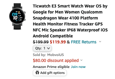 Умные часы Ticwatch E3 с операционной системой Wear OS можно приобрести на Amazon со скидкой 80 долларов