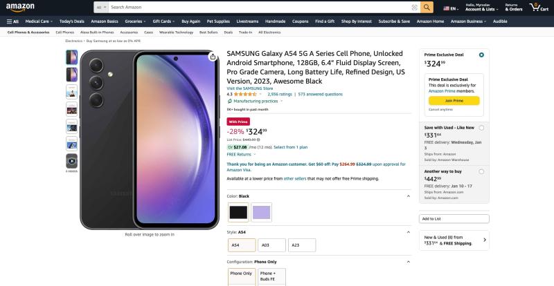 Цена Черной пятницы: Samsung Galaxy A54 5G доступен на Amazon со скидкой 125 долларов