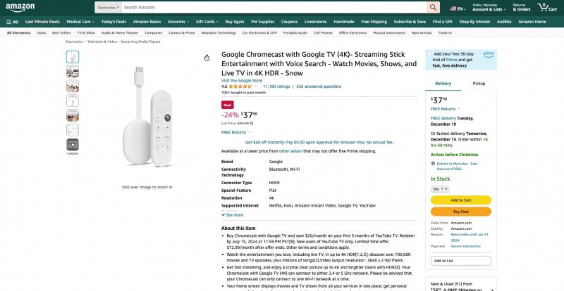 Chromecast с Google TV (4K) доступен на Amazon со скидкой 12 долларов