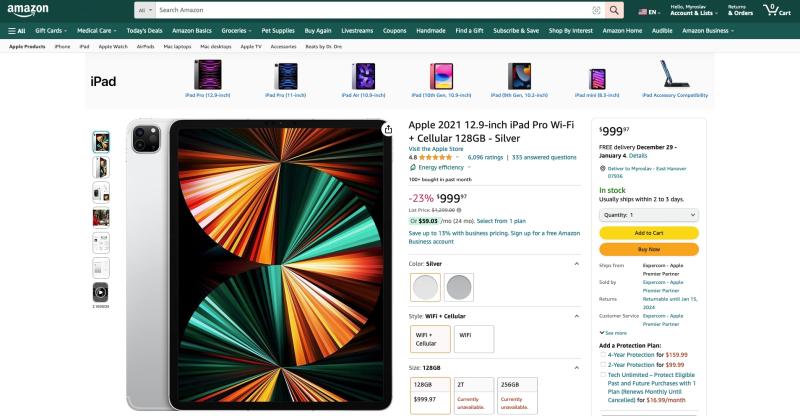 iPad Pro 12,9 дюйма с чипом M1, 5G и 128 ГБ памяти продается на Amazon со скидкой в ​​300 долларов