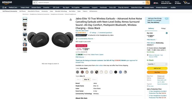 Jabra Elite 10 на Amazon: наушники TWS с ANC и пространственным звуком, скидка 50 долларов