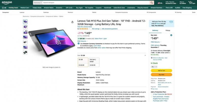 Lenovo Tab M10 Plus (3-го поколения) на Amazon: планшет с экраном 10,6 дюйма и чипом MediaTek Helio G80 за 149 долларов (скидка 40 долларов)